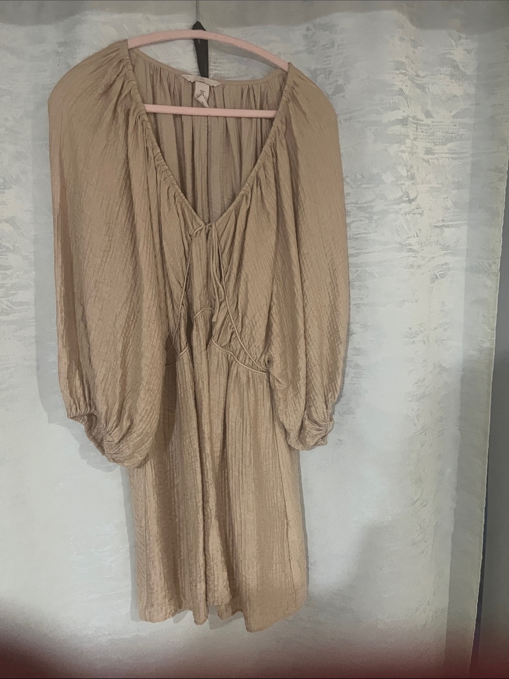 H&M Cream Lyocell Blend Peasant Boho Balloon Sleeve Oversized Drop Waist Dress